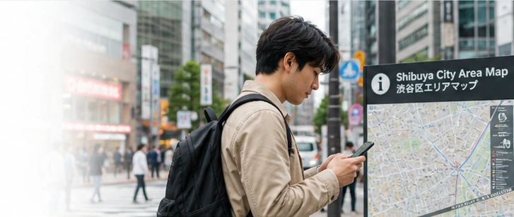 Traveler checking his phone beside a Shibuya city map